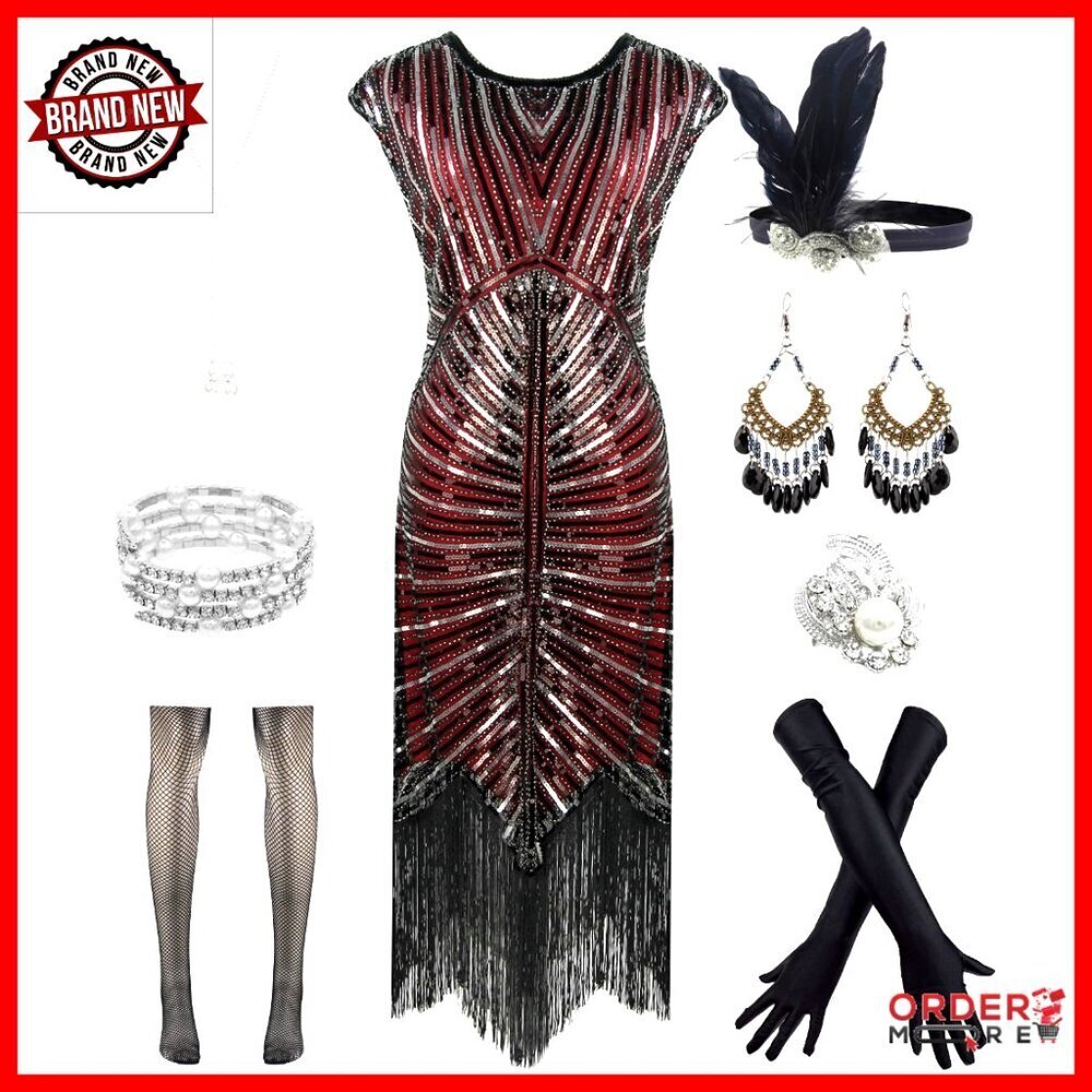 Vintage 1920s Flapper Fringe Beaded Dress with Accessories Set Size M